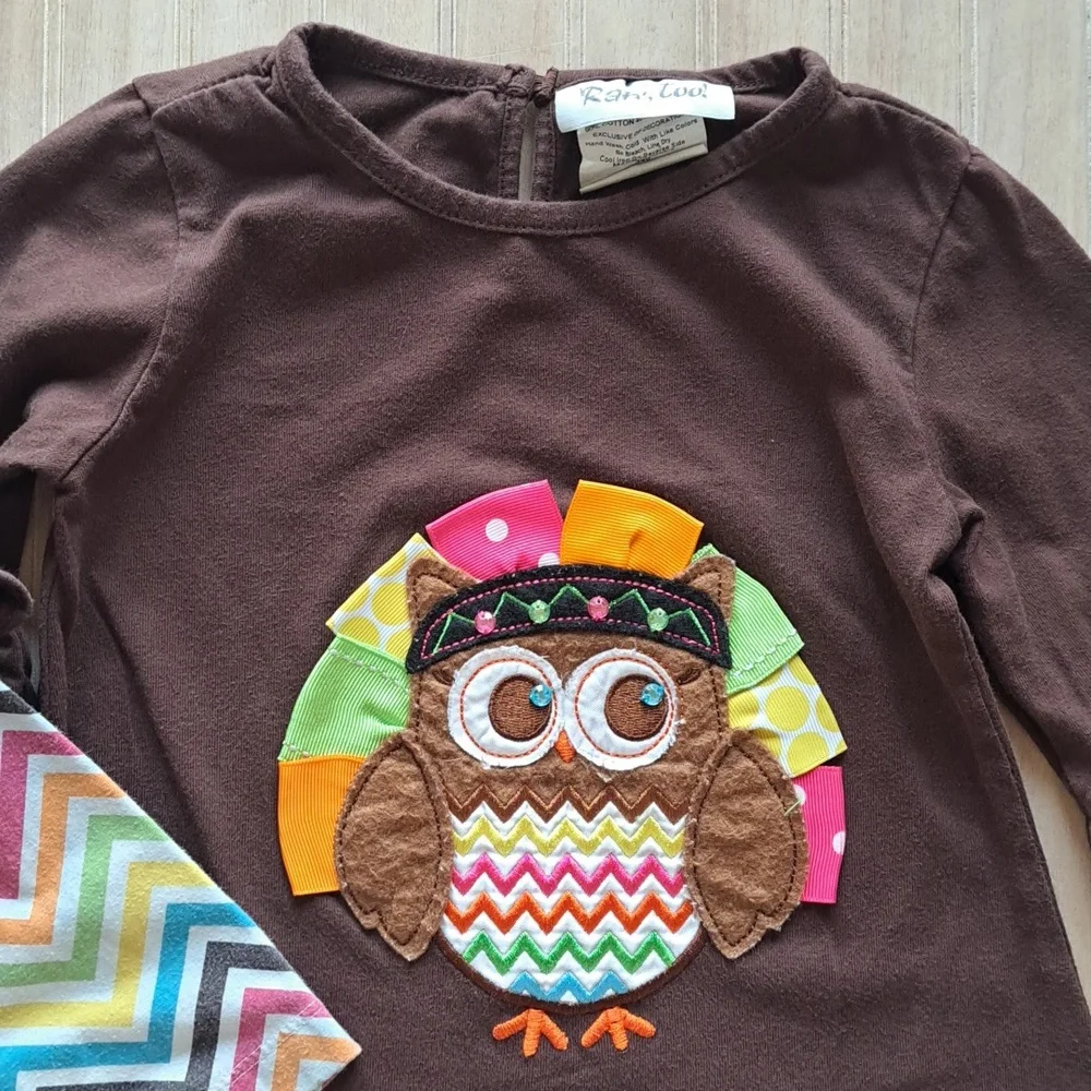 RareToo! Brown Owl Appliqué Chevron Sleeve Tunic Top Fall Thanksgiving Outfit